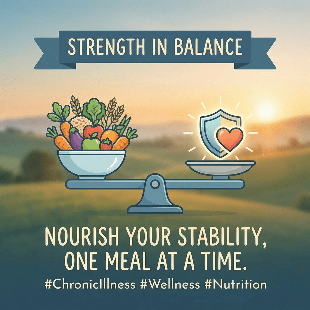 Strength in Balance graphic with a scale weighing healthy food against a heart shield. Text: Nourish your stability, one meal at a time. #ChronicIllness #Wellness #Nutrition.